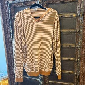 Club Monaco V-Neck Striped Tan and White Sweater